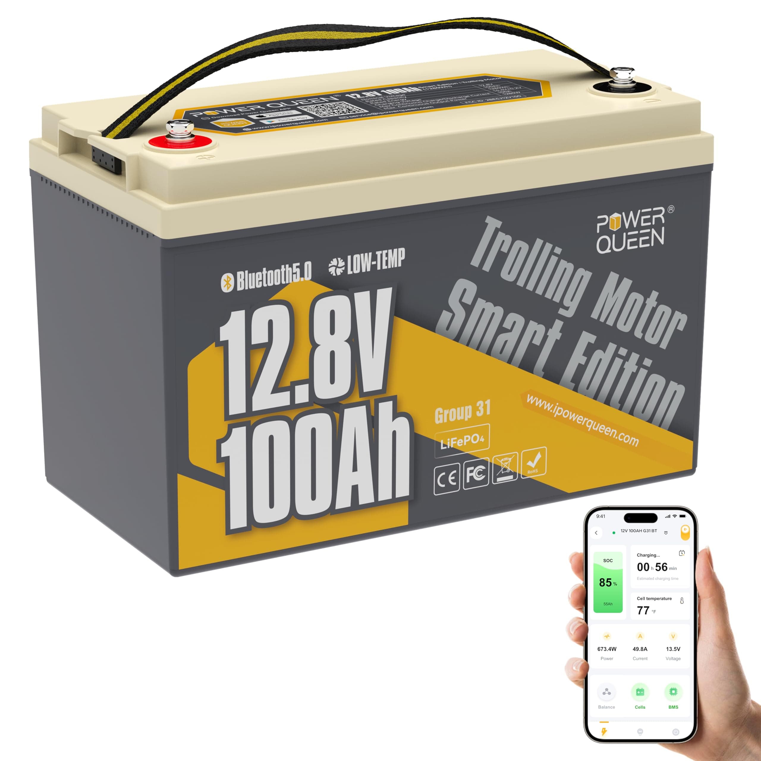 Power Queen 12V 100Ah Bluetooth LiFePO4 Batterie für Trolling Motoren und Marine
