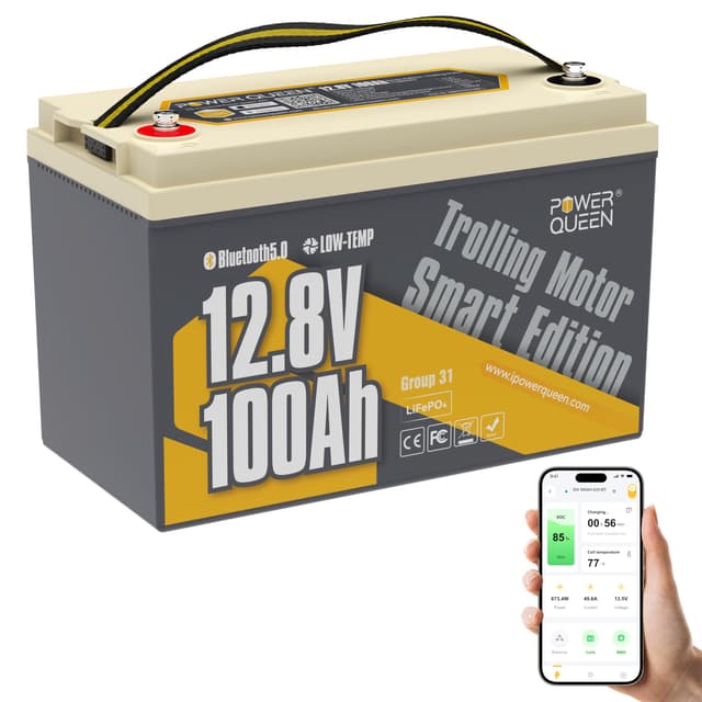 Power Queen 12V 100Ah Bluetooth LiFePO4 Batterie für Trolling Motoren und Marine