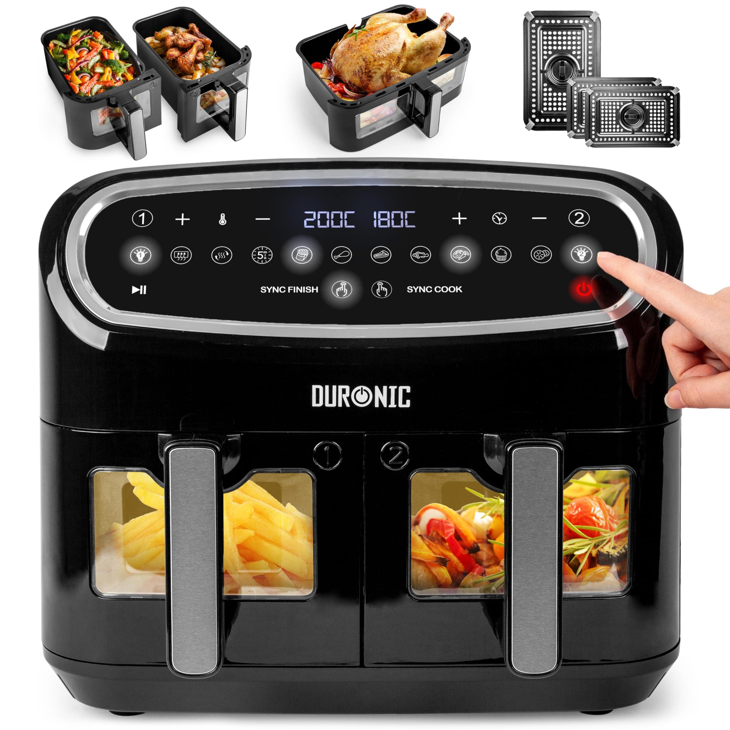 Duronic AF34 BK Heißluftfriteuse, XXL Heißluftfritteuse mit 2 Kammern für Pommes
