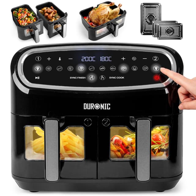 Duronic AF34 BK Heißluftfriteuse, XXL Heißluftfritteuse mit 2 Kammern für Pommes