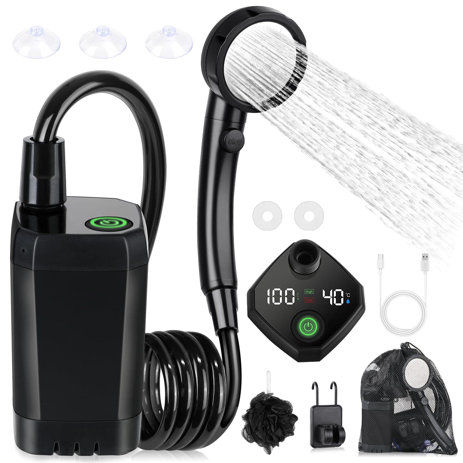 Spopal Tragbare Campingdusche mit Pumpe und LED-Temperaturanzeige 🚿