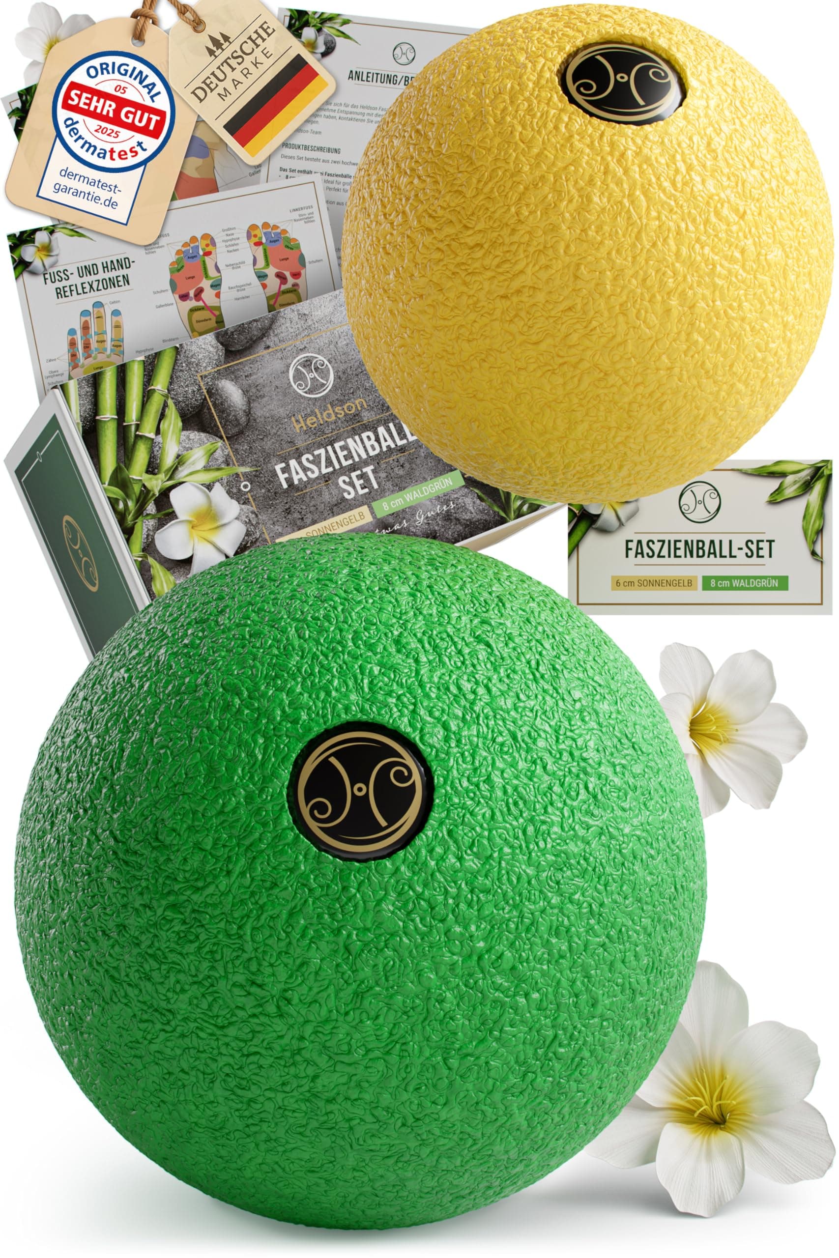 HELDSON® Premium Faszienball klein 2er Set [6cm & 8cm] 🌟 - Faszien Ball hart 💪 - Faszienball für Füße 👣 - Massage Ball um Verspannungen in Nacken, Schulter zu lösen 🌿 - Faszienkugel - Massageball Rücken