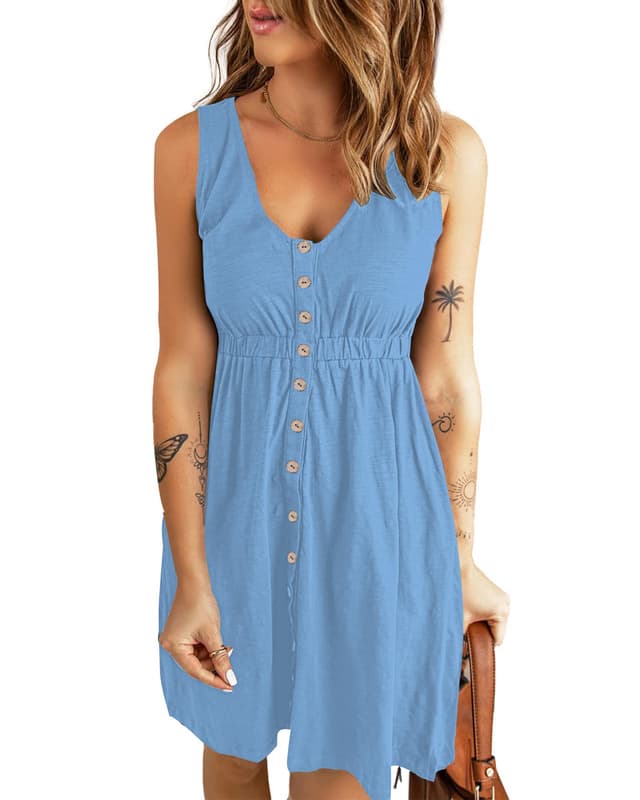 👗 AUSELILY Sommerkleid Damen Ärmellos V-Ausschnitt Minikeid Casual Button Down Strandkleid mit Taschen S Blau 👗