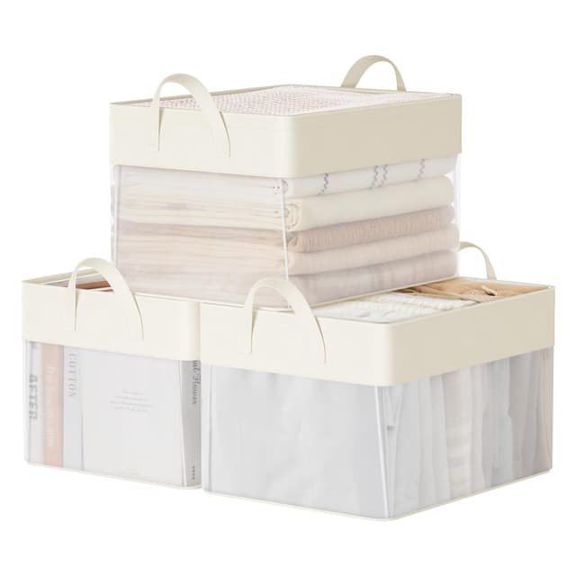 SONGMICS Aufbewahrungsbox 3er Set - Ordnungsboxen Stoff - Faltbox - Cremeweiß