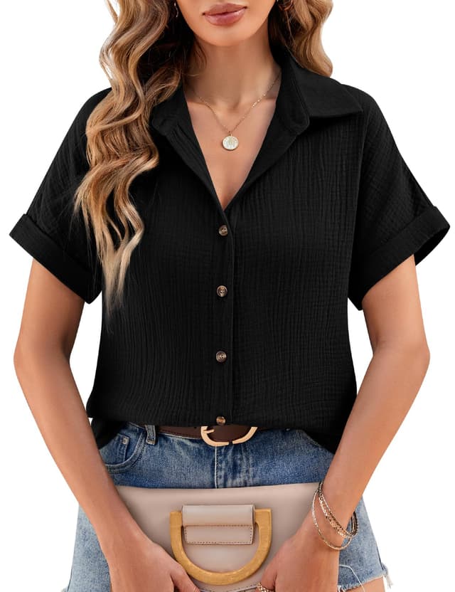 Heekpek Musselin Bluse Damen Sommer Blusenshirt V-Ausschnitt Hemdbluse Elegante Oberteile Schwarz XL 🌟👚