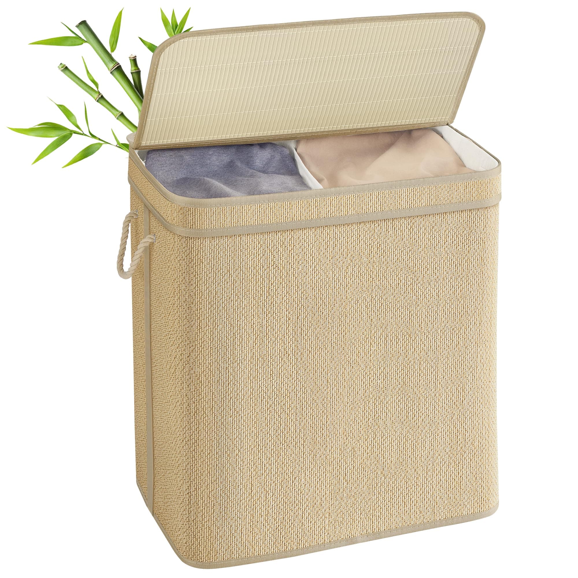 🧺 SONGMICS Wäschekorb 2 Fächer, Wäschesammler Bambus, 130 Liter