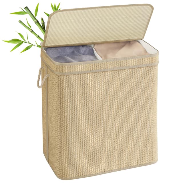 🧺 SONGMICS Wäschekorb 2 Fächer, Wäschesammler Bambus, 130 Liter