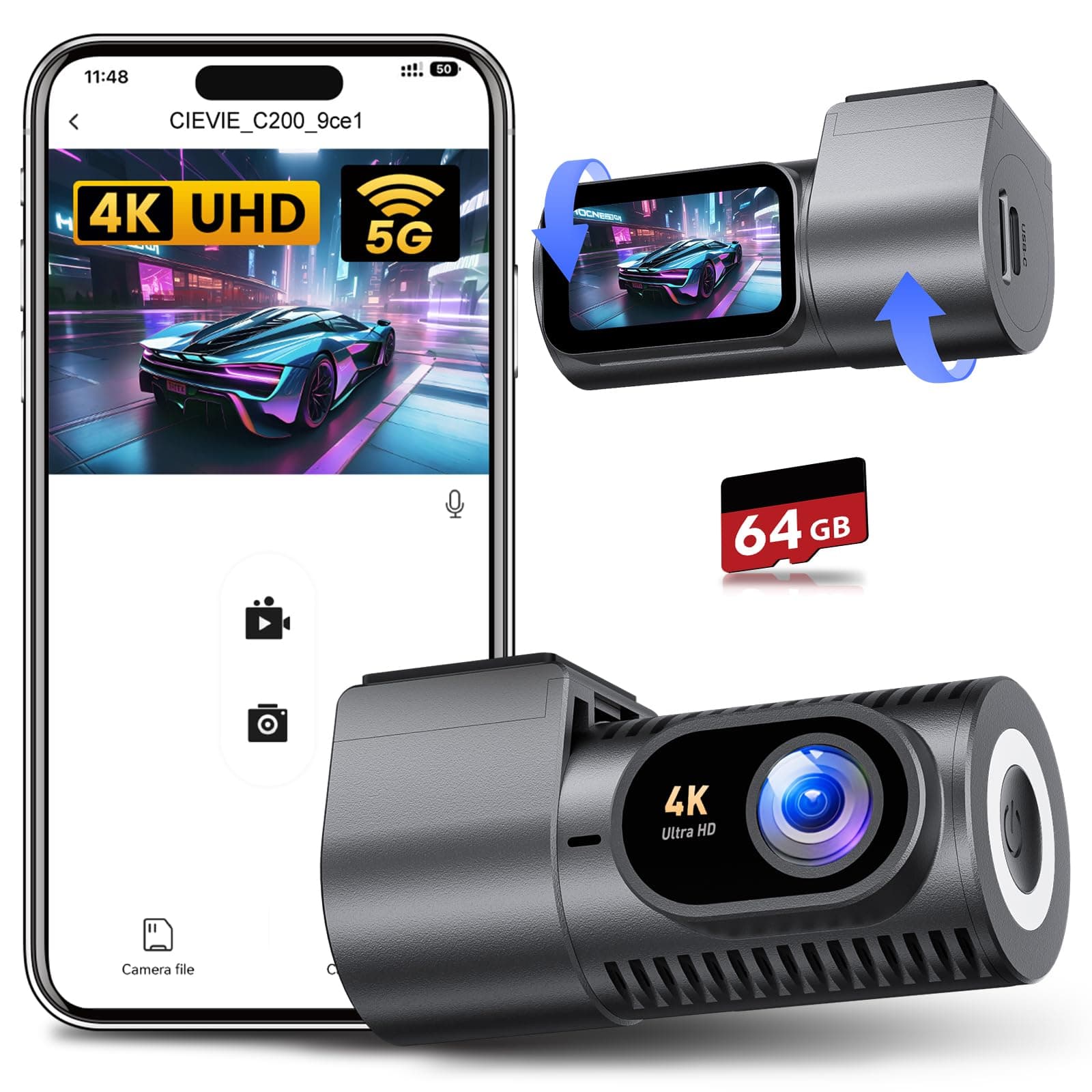 CIEVIE Dashcam Auto Vorne 4K mit 360° Drehfunktion 🚗📹