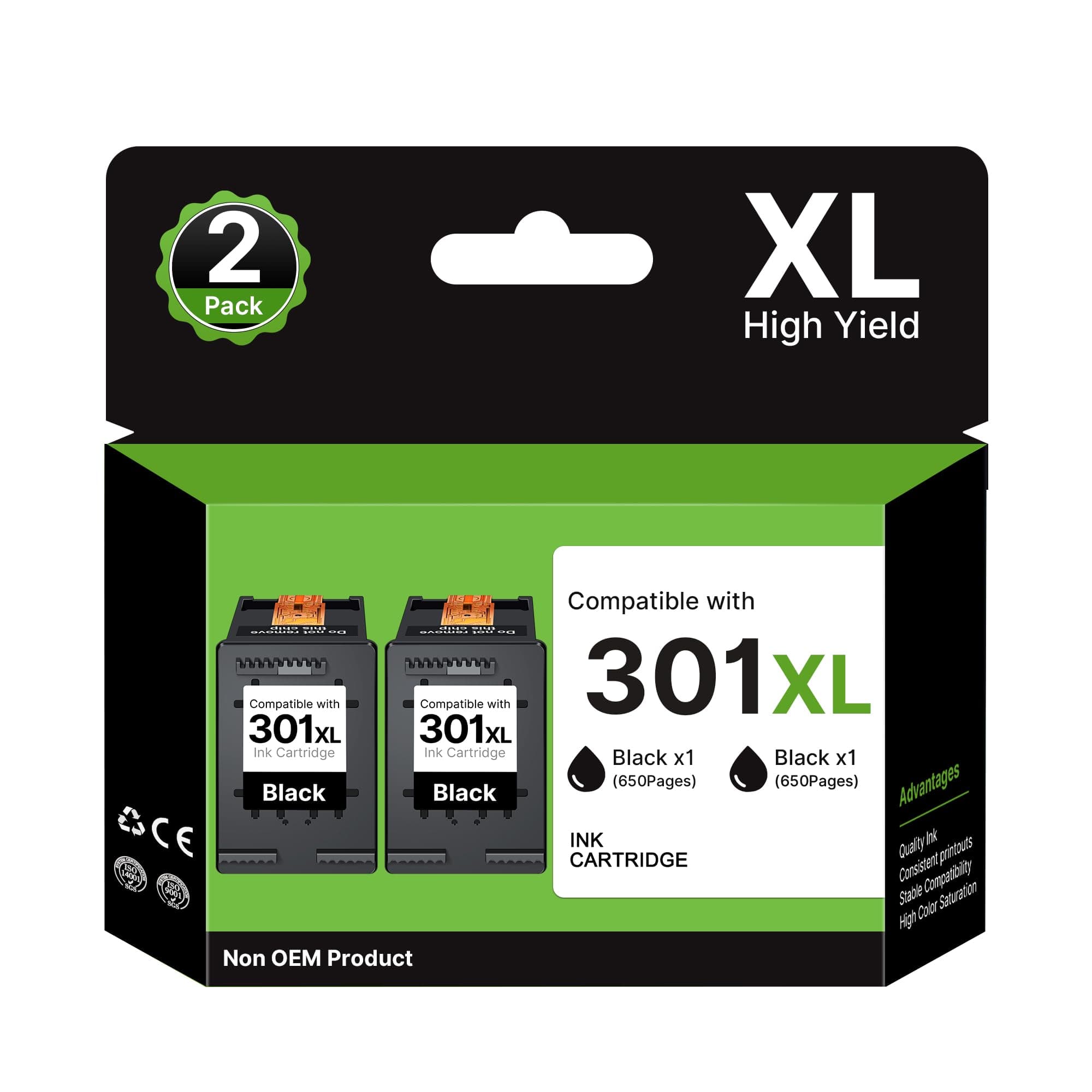 🖨️ 301 XL Schwarz Kompatibel für HP 301 Druckerpatronen 301XL Multipack für HP Envy 4500 Druckerpatronen 5530 4504 5534 Deskjet 2540 2544 1510 Officejet 4630 2620 (Schwarz, 2er-Pack)