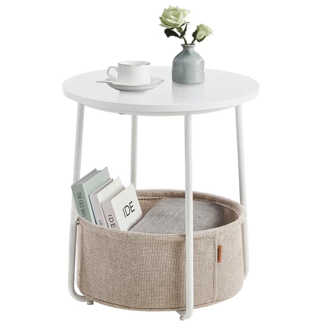 VASAGLE Beistelltisch rund, Kleiner Tisch, Couchtisch klein, 🏡 Wohnzimmertisch mit Stauraum 🛋️, Nachttisch modern, mattweiß-Kamelbraun LET223W10 Mattweiß + Kamelbraun