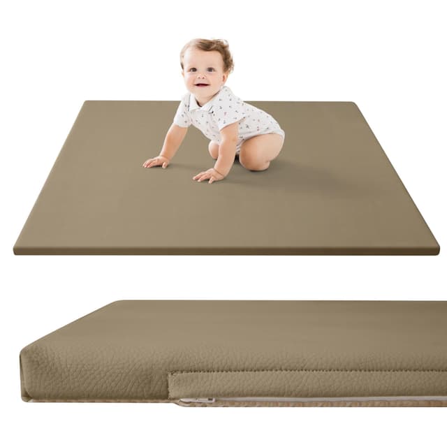 Stylische Spielmatte für Baby aus veganem Leder 120x120x2,5cm, Sand 🌟 Krabbelmatte für Baby mit Memory-Schaum und rutschfester Unterseite