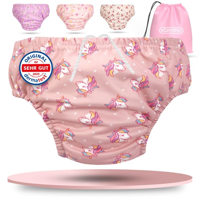 🦄 KIDVERSE Schwimmwindel Baby Badehose bis zu 6 Monate - Hautfreundliche Schwimmwindeln wiederverwendbar & saugstark - Badewindel Baby Schwimmhose inklusive Tragetasche Unicorn Pink S