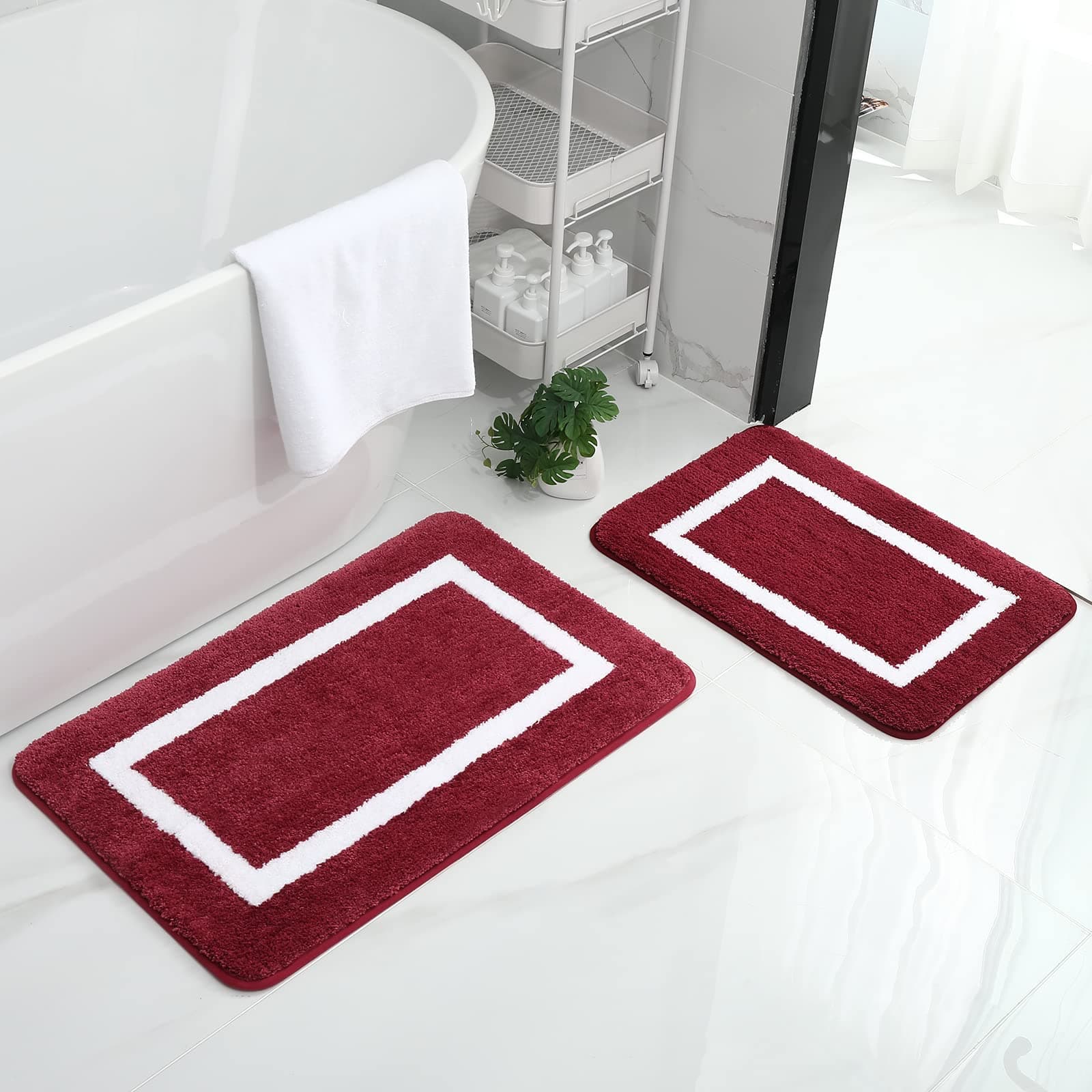 Homaxy Badezimmerteppich Set rutschfest Badematten Set 2 teilig 🌸 Weiche Mikrofaser Flauschige Badteppich Badvorleger Set 2 teilig – 40 x 60 cm+ 50 x 76 cm, Weinrot