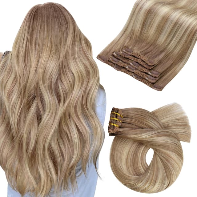 Moresoo Clip in Extensions Wurzelbraun zu Hellbraun mit Platinblond Echthaar Extensions Clip 45 cm 5 Stück 80g Glattes Haar Leicht zu Tragen #8/22/8 Voller Kopf
