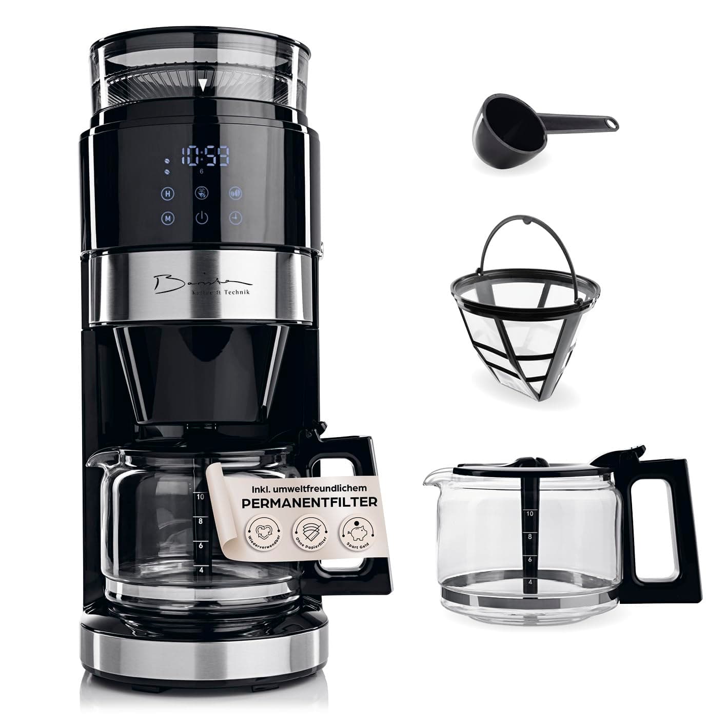 Barista Kaffeemaschine mit Mahlwerk  | Filterkaffeemaschine mit Glaskanne  | 900W Filtermaschine mit Touchdisplay & Timerfunktion
