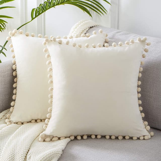 Topfinel Dekorative Kissenbezug 50x50 mit Bommeln 😍 Weiche Partikel Samt Solide Kissenbezüge 😊 Kissenhülle für Couch Sofa Schlafzimmer Auto Sofakissen Couchkissen Dekokissen Wohnzimmer, 2er Pack Creme 50 x 50 cm, 2 Stück Creme