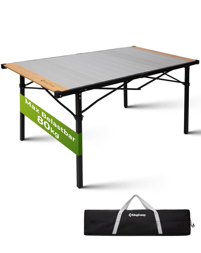 KingCamp Campingtisch klappbar Klapptisch mit Aluminiumrahmen Aufrollbare Tischplatte für 4-8 Personen Campingtisch faltbar mit Tragetasche belastbar bis 80 kg #6p Silber/Bambus 🏕️🪑