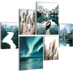 Novart Wandbilder Set Natur Berge See Aurora Grün 🌲🏔️🌊 - Modern Deko - Wohnzimmer Schlafzimmer N006263a Northern Lights 102 x 84 cm