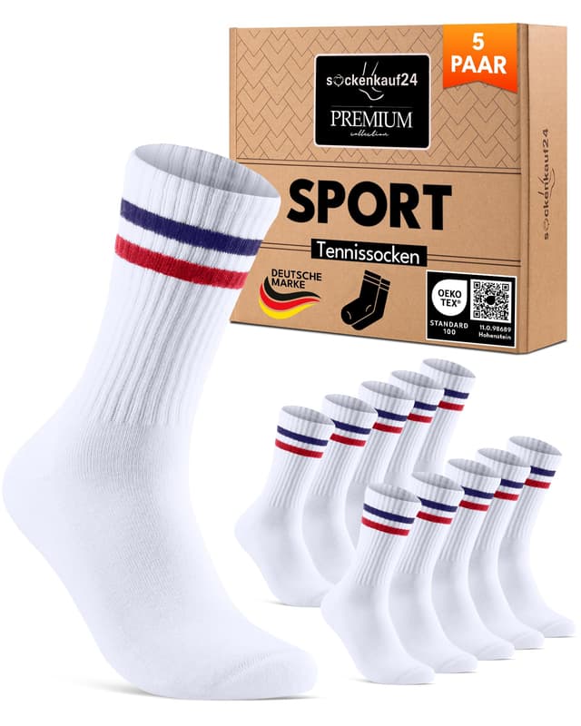 🧦 Premium Retro-Socken mit Streifen 43-46 Weiß - Streifen Rot/Blau