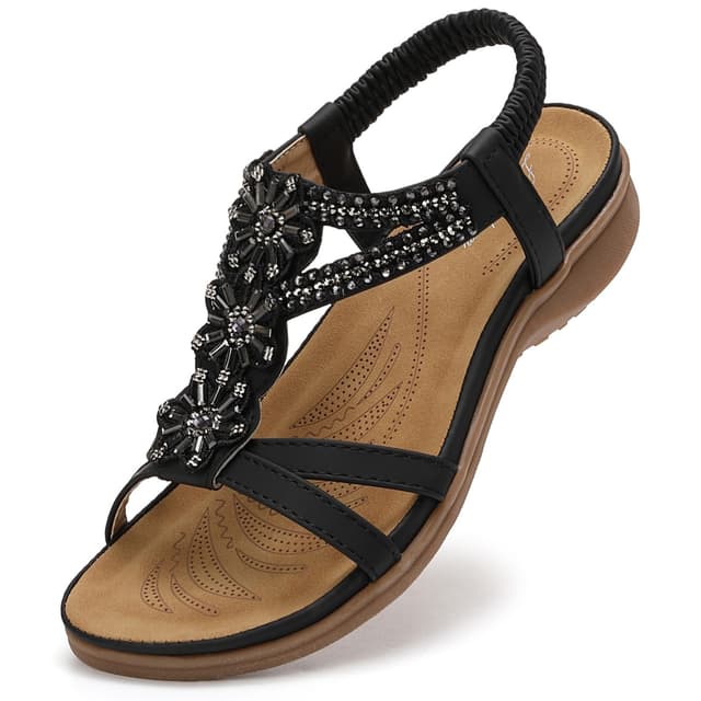 Littleplum Damen Sandalen Sommer Flach Sandalette Bohemia Strand Sandalen 42 EU Schwarz 🌺🌟