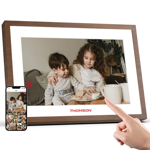 THOMSON Digitaler Bilderrahmen 10.1 Zoll | 1280x800 HD IPS Touchscreen | WLAN | 32 GB Speicher | Weiß + Walnuss Holzfarbe