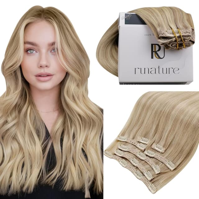 NEU! RUNATURE Echthaar Extensions Clip Blond Hervorheben Glatt Echte Haare 45cm Clip in Extensions Echthaar 120g 7 Stück Clip Extensions Echthaar Goldblond Mit Hellblond #16P22 45cm-7pcs