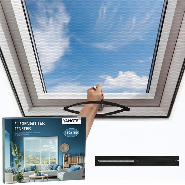 YANGTE Fliegengitter Fenster Dachfenster 150 x 180 cm - Ohne Bohren Zuschneidbar mit Selbstklebendem Klettband und Reißverschluss