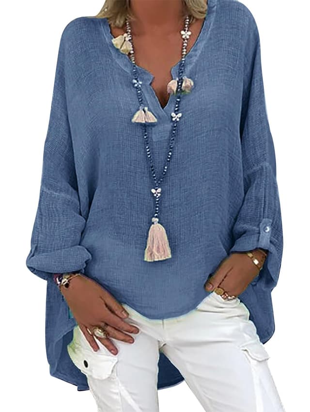 🌸 Tincini Leinenbluse Damen Sommer Tunika V-Ausschnitt Große Größen Blusenshirt Langarmshirt 🌺