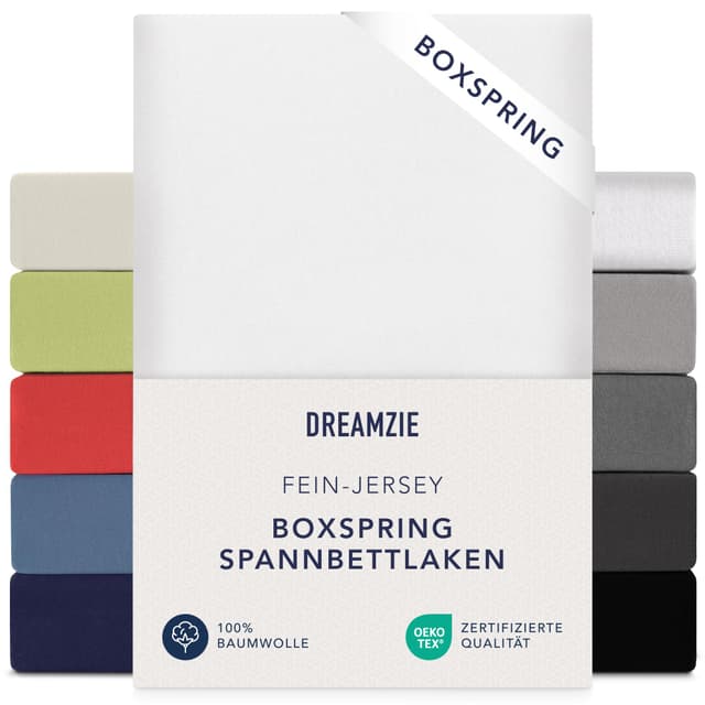 Dreamzie Premium Spannbettlaken 140x200 cm - 160x200 cm - 37cm Seitenhöhe - auch für Boxspringbett & Wasserbett - Bettlaken Boxspringbett 100% Jersey Baumwolle, 150 g/m² - Oeko-TEX - Weiß 140x200 cm - 160x200 cm Weiß ✨🛏️