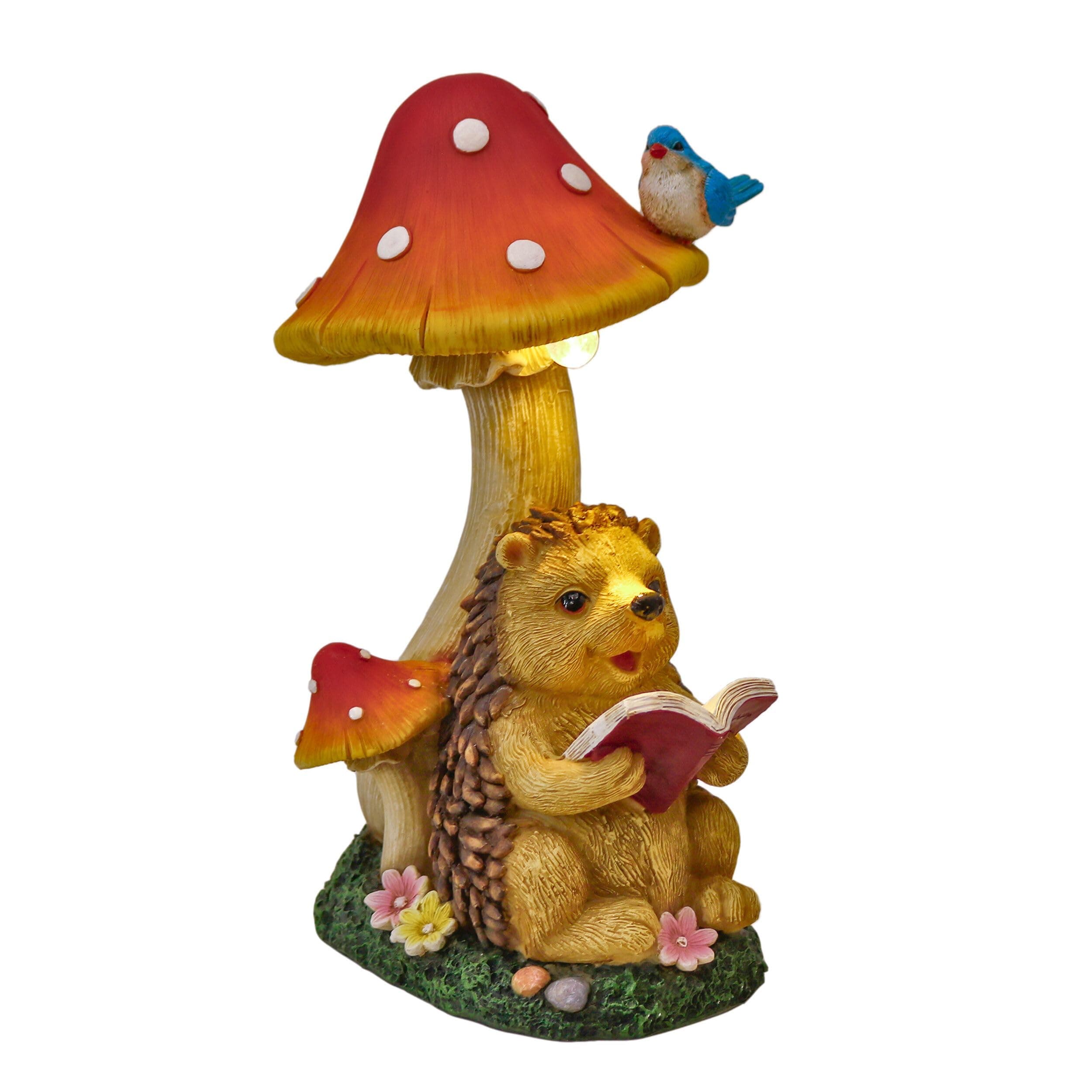 TERESA'S COLLECTIONS Gartendeko für Draußen 🍄 Igel Gartenfigur mit Pilz Feengarten Figur Solar Gartenleuchte aus Kunstharz Wasserdicht Herbstdeko Terasse Hof Geschenke für Frauen 17cm