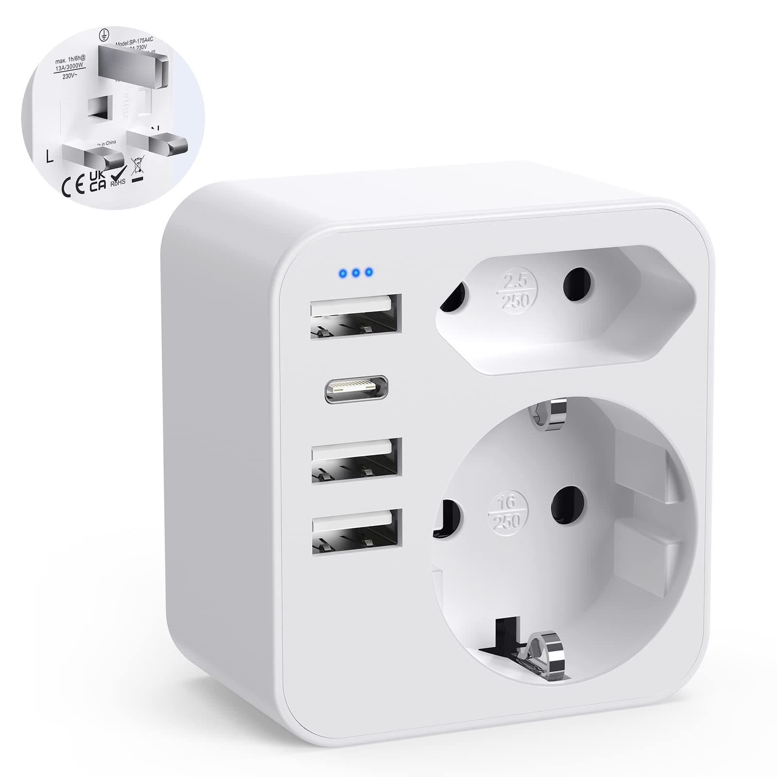 🔌🌍 Adapter England Deutschland Stecker, Reiseadapter UK mit 3 USB 1 USB C(3.4A), Reisestecker Stromadapter Steckdosenadapter Typ G