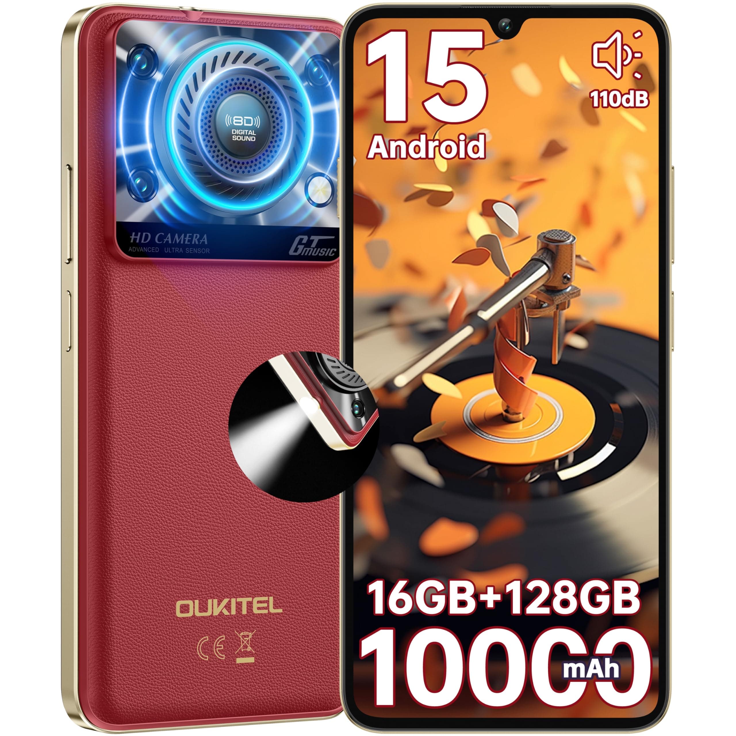 OUKITEL C60 Handy Ohne Vertrag Android 15-16GB+128GB Smartphone Ohne Vertrag 10000mAh 6.88 Zoll 90Hz Bildschirm 120LM Taschenlampe,Lautsprecher 13MP+5MP Kamera,GPS, Dual SIM Simlockfreie Handys, Rot 📱🔦🔊