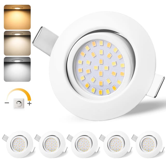 GeyouLux LED Einbaustrahler 230V IP44, 6W Dimmbar Deckenspots, Einbauleuchten 65-75mm EinbauØ, 45° Schwenkbar 3000K/4000K/6500K Flach Einbauspots, 3CCT Spots für Badezimmer Wohnzimmer 6er Set Weiß Weiß 6er Set 🌟