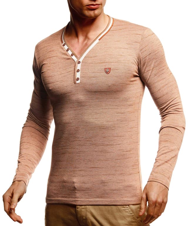Leif Nelson Herren Longsleeve V-Ausschnitt Slim Fit Baumwolle-Anteil Basic Männer Sweatshirt 🌟 Sommer Pulli weißes Langarmshirt V-Neck Schwarzer Sweater Pullover T-Shirt langarm LN5120T S Camel Melange - 50% Rabatt!