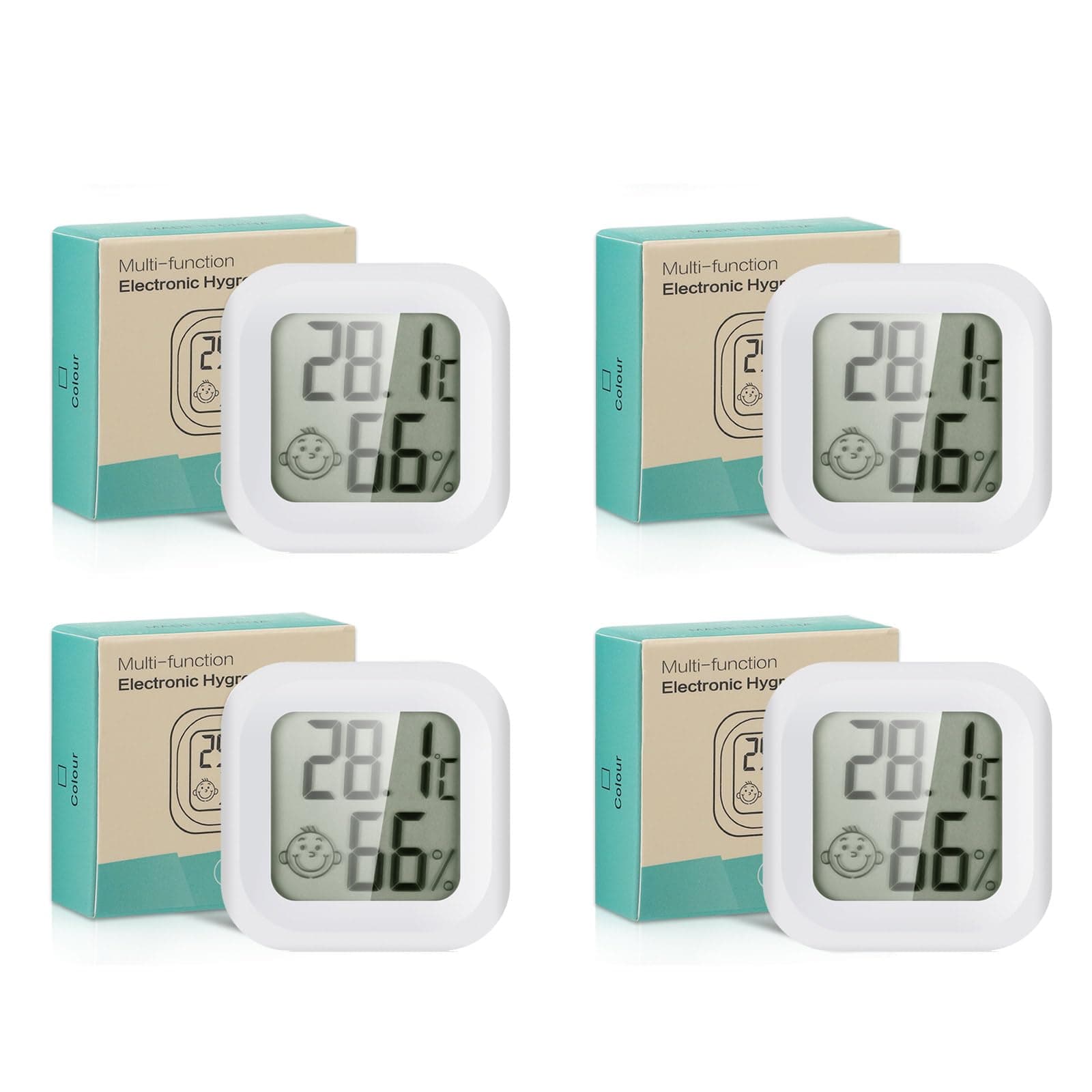 🌡️🌿 JIZZU 4 Stück Thermometer Hygrometer Innen - Smiley-Indikator - Weiß