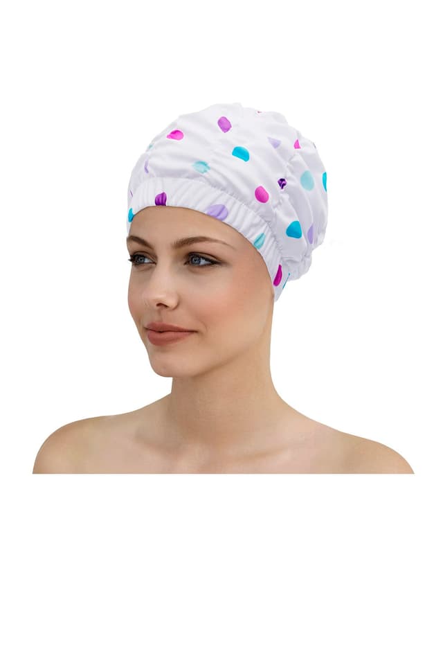 🚿👩‍🦰 Fashy Damen Duschhaube mit bunten Punkten weiß/lila - Nur 9.31€!