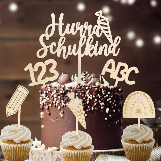 🍰 Einschulung Tortendeko Set - Holz Cake Topper 6 Stk. - ABC 123 Zuckertüte Kuchendeko