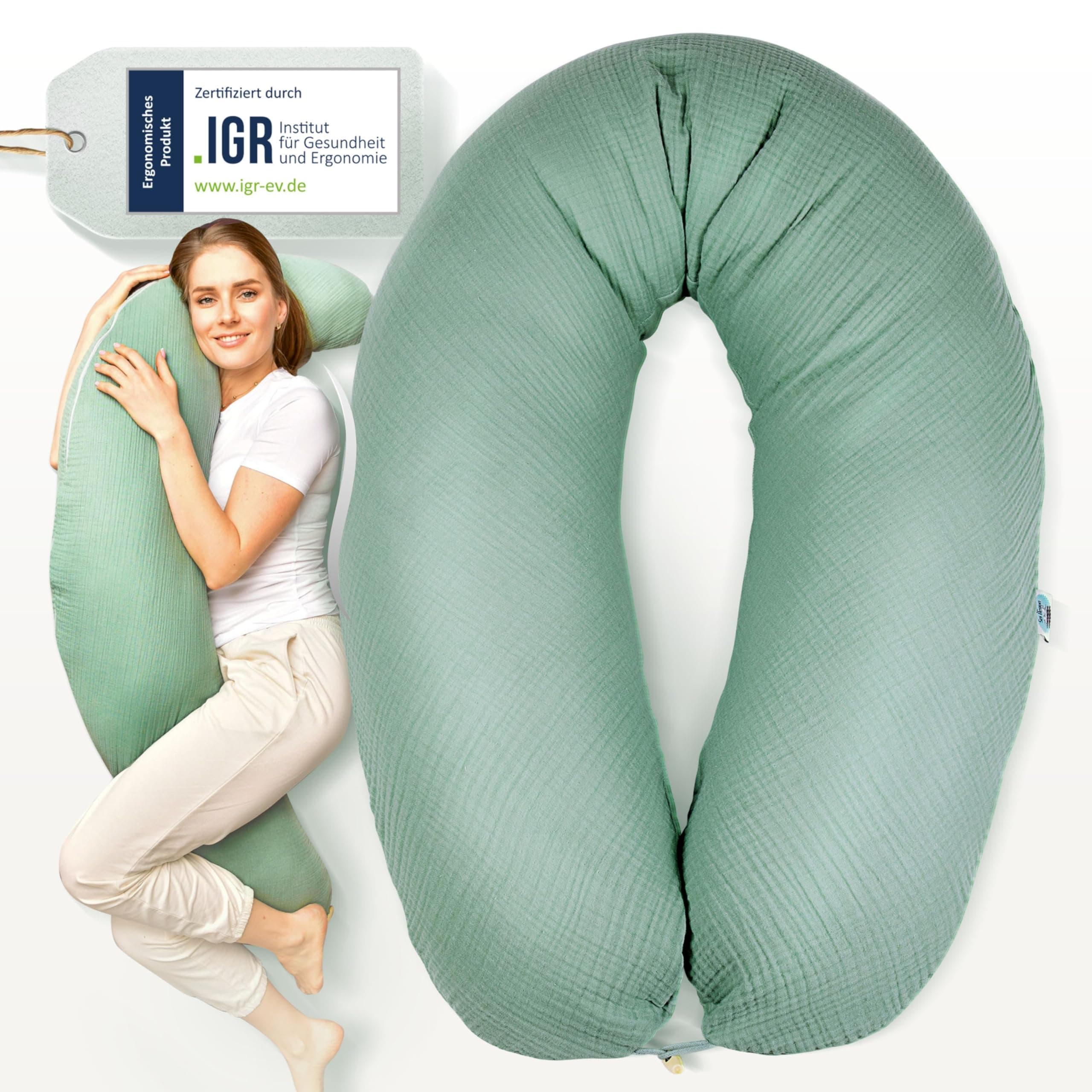 👶 Sei Design XXL Stillkissen 190x30 mit Musselin-Bezug - Schwangerschaftskissen Seitenschläferkissen Komfortkissen