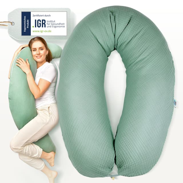👶 Sei Design XXL Stillkissen 190x30 mit Musselin-Bezug - Schwangerschaftskissen Seitenschläferkissen Komfortkissen