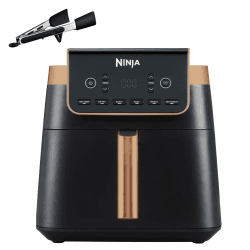 Ninja Heißluftfritteuse MAX PRO, 6,2 L, ölfrei, große Schublade, Rösten, Backen, Air Fry, Antihaftbeschichtet, Spülmaschinenfester Korb & Crisper Gittereinsatz, Silikonzange, Schwarz/Kupfer, AF180EUCP 6.2L Kupfer/Schwarz 🍳🔥 Angebot bei HelloDeals