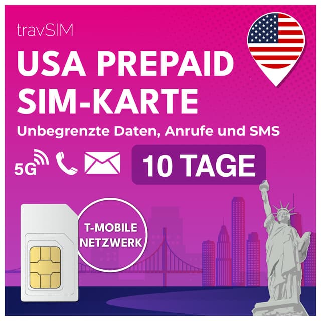 🇺🇸 travSIM USA SIM Karte | T-Mobile Netz | Unbegrenzte Daten, Anrufe & Texte in den USA 📱📶