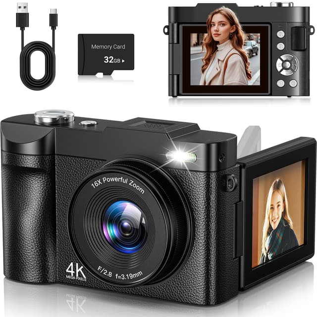 4K Digitalkamera 50MP Autofokus Fotokamera 16X Digitalzoom 2.8'' 180° Flip Screen Fotoapparat mit Selfie Kompaktkamera mit 32GB Karte