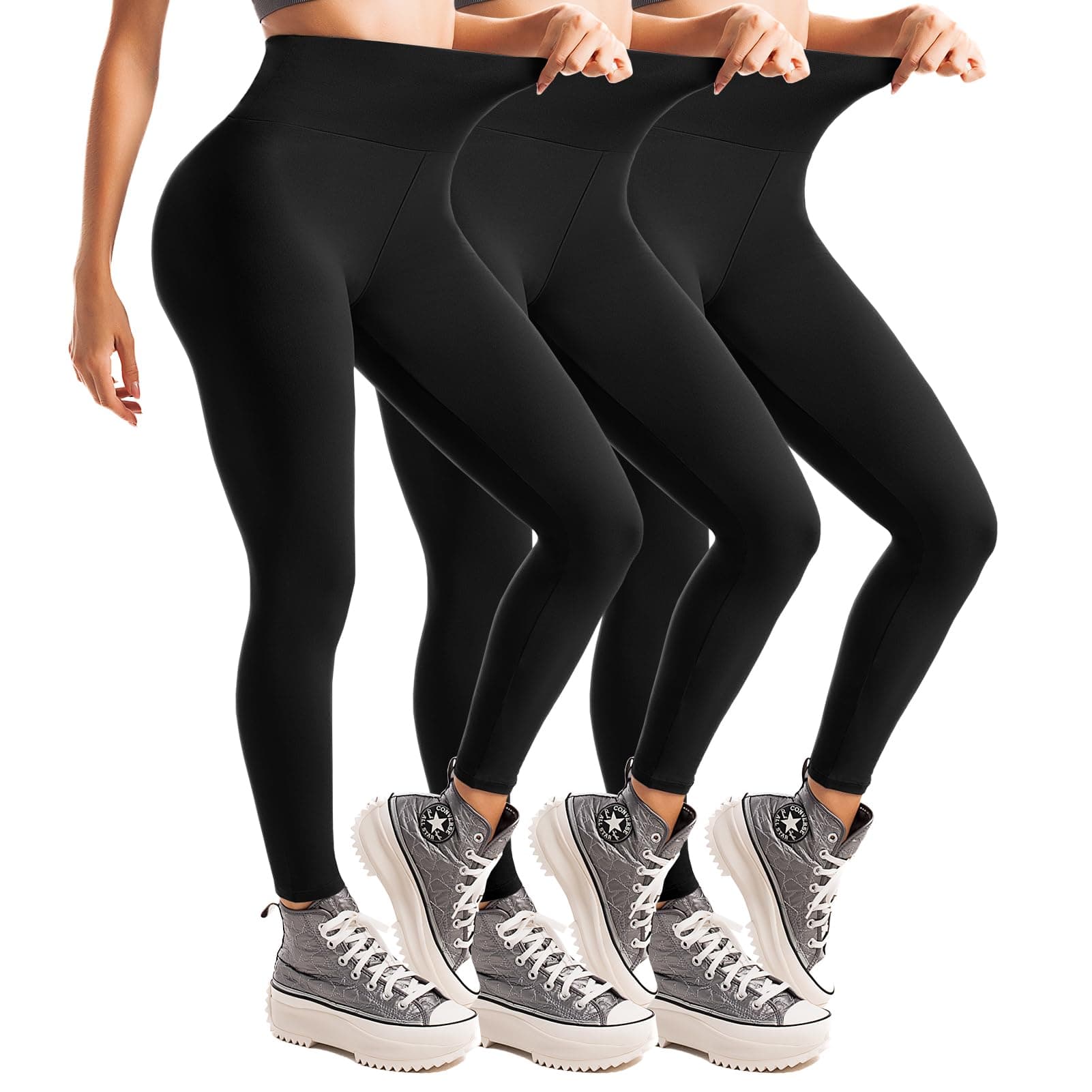 Leafigure Leggings Damen High Waist Leggins für Sport Gym Yoga 3er Pack L-XL Schwarz