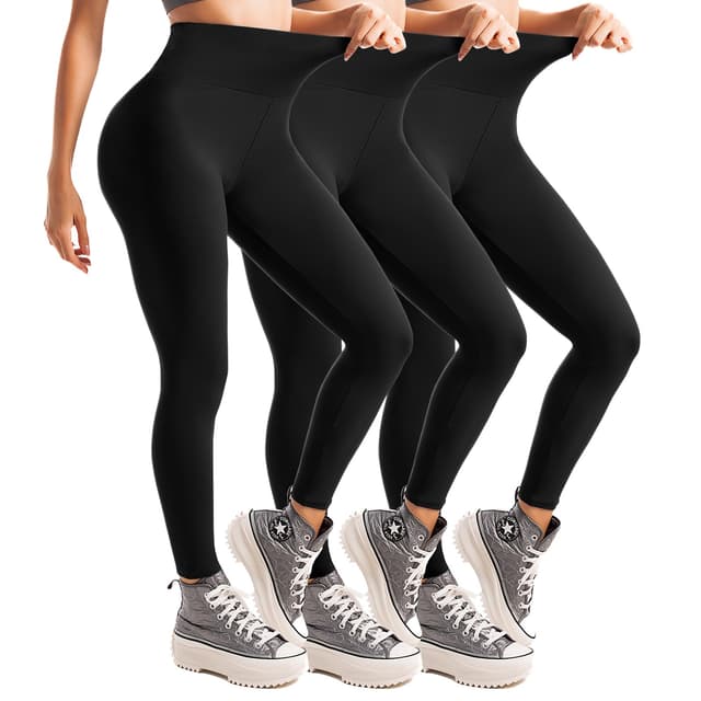 Leafigure Leggings Damen High Waist Leggins für Sport Gym Yoga 3er Pack L-XL Schwarz