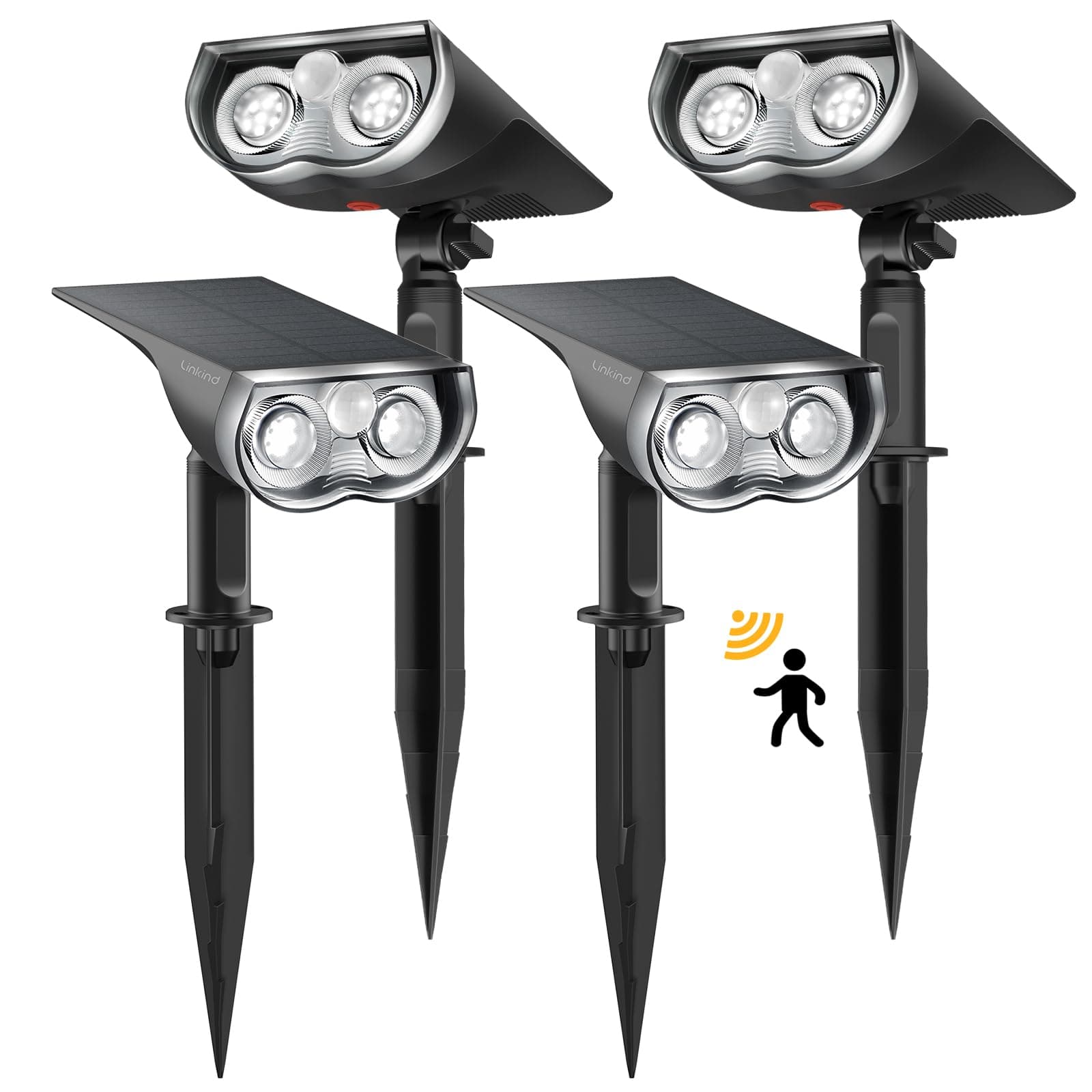 🌞🌿 Linkind Solarlampen Solar Strahler mit Bewegungsmelder 6500K Kaltweiß, 3 Modi (inkl. Dauerlicht), 1000Lm Helle Solar Aussenlampen von 2 Montage, IP67 Gartenstrahler für Weg, 4 Stück