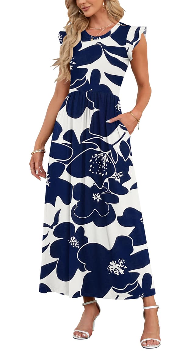 👗 AUSELILY Damen Sommer Rundhalsausschnitt Maxi Kleid mit Taschen Kurzarm und Rüschen Lässiges Hohe Taille Langes Lockeres Bodenlanger Rock L Blaue Navy Blumen 🌸👒