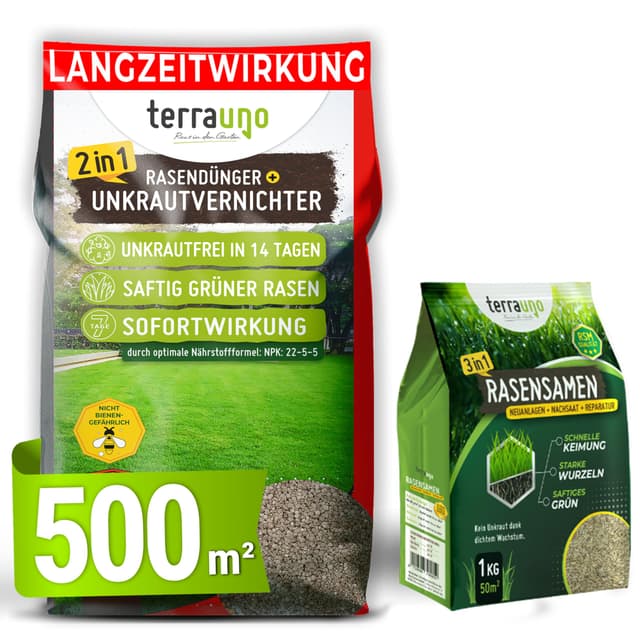 🌿🌼 TerraUno Rasendünger mit Unkrautvernichter - 10 kg für 500 m² + Nachsaat 🌱🚜