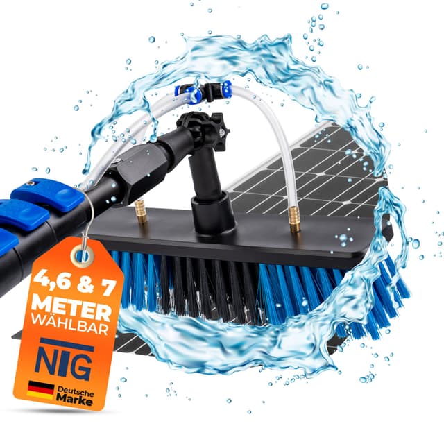 Teleskopwaschbürste zur Reinigung von Solaranlagen und Fenstern 🪟🪟 | 4,6m u. 7m Ausführung |+ Wasseranschluss und Seifenspender | Teleskopstange | Photovoltaik | Wintergarten (Bis 7,0m)