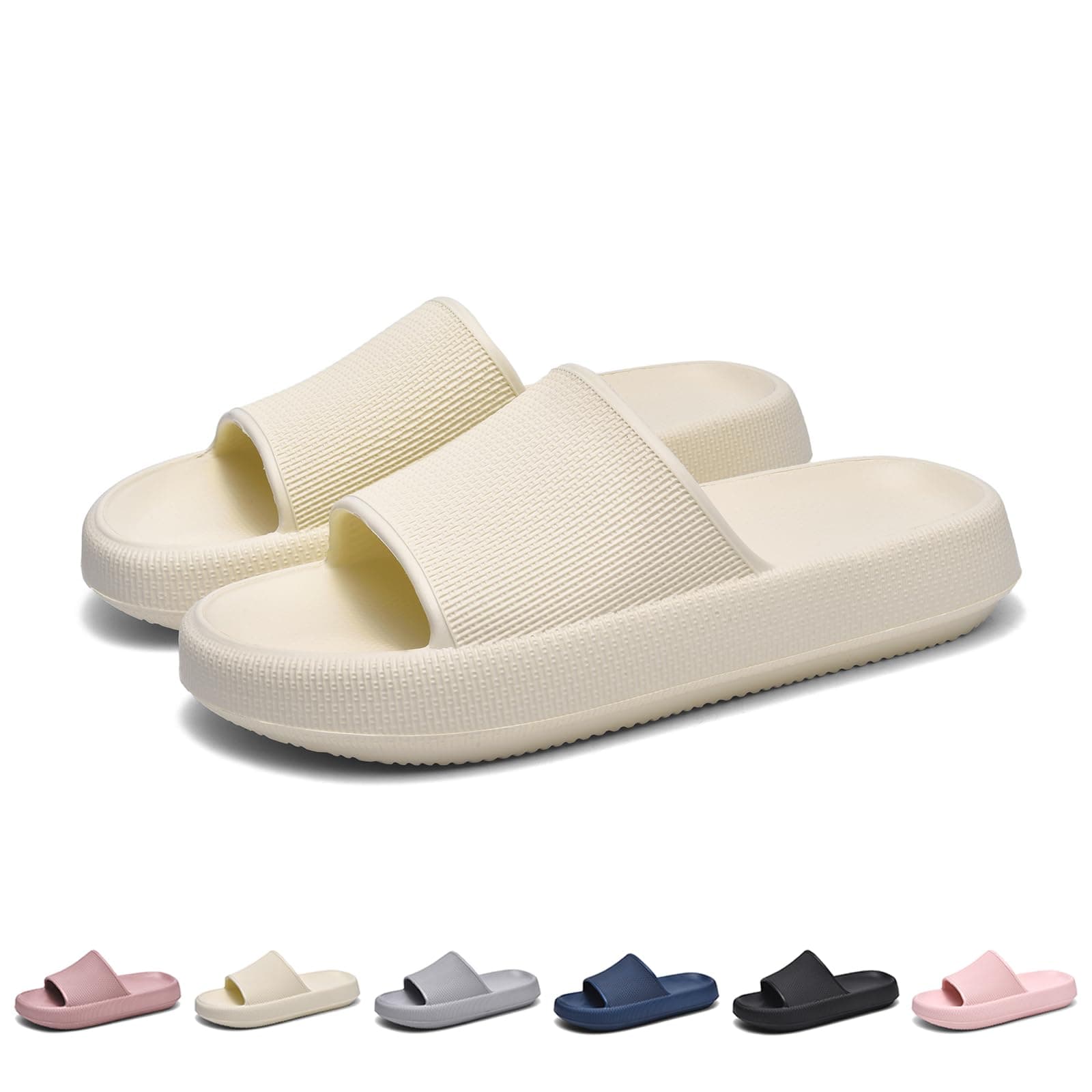 GemChve Hausschuhe Herren Badelatschen Herren Sandalen Damen 🌞 Super Weich Rutschfest Sandalen Damen Sommer Pantoletten Geeignet Familie Garten Schwimmbad Strand Cremefarben 8802 37/38 EU