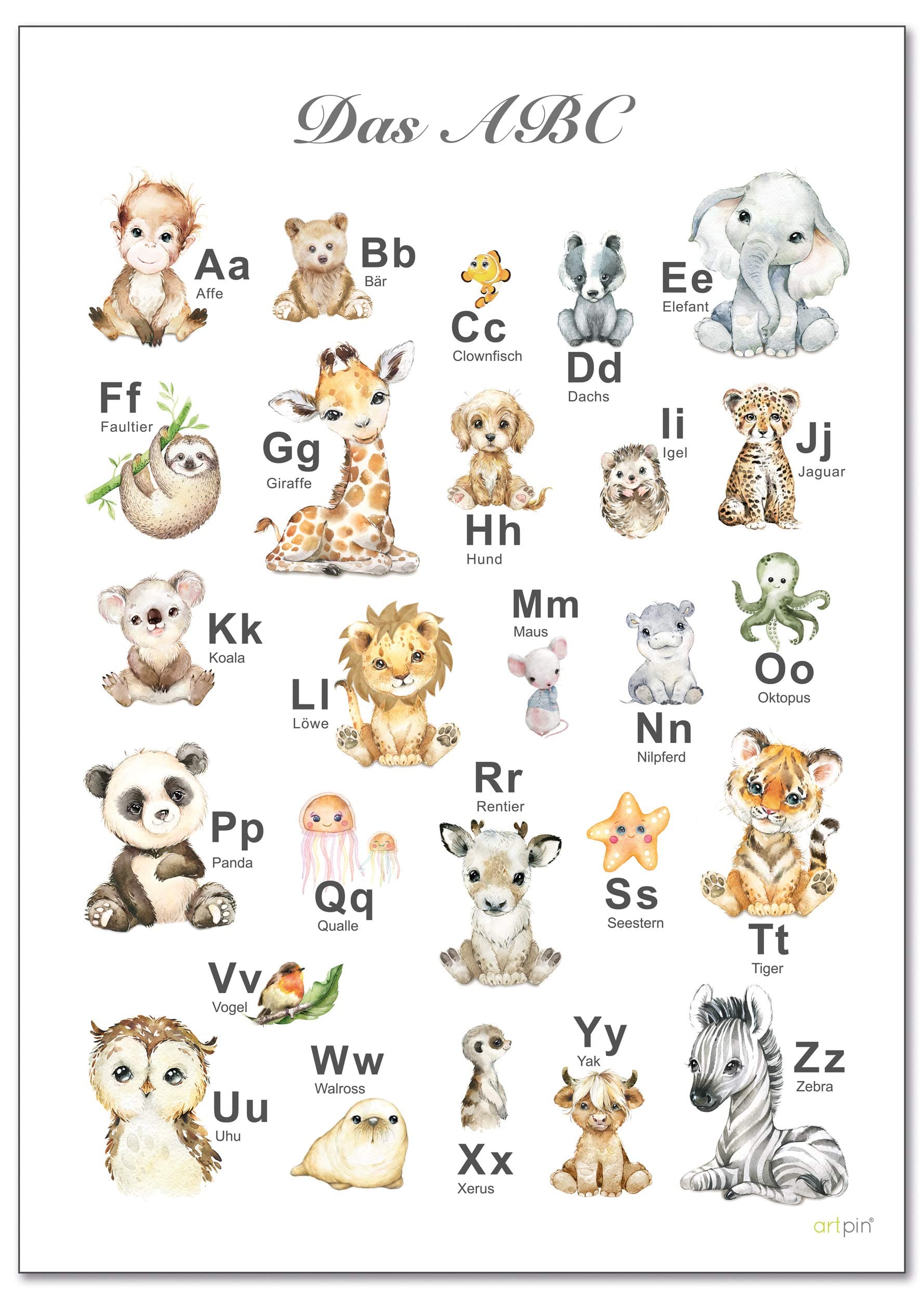 artpin® XL ABC Poster der Tiere für Kinder - A2 Lernposter Grundschule